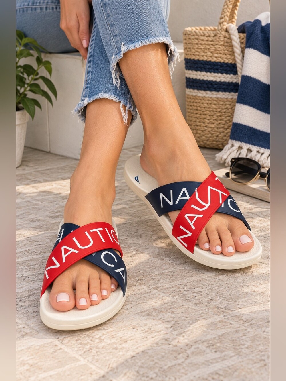 Nautica Red Blue Logo Slide Sandals Size 9 EUC
